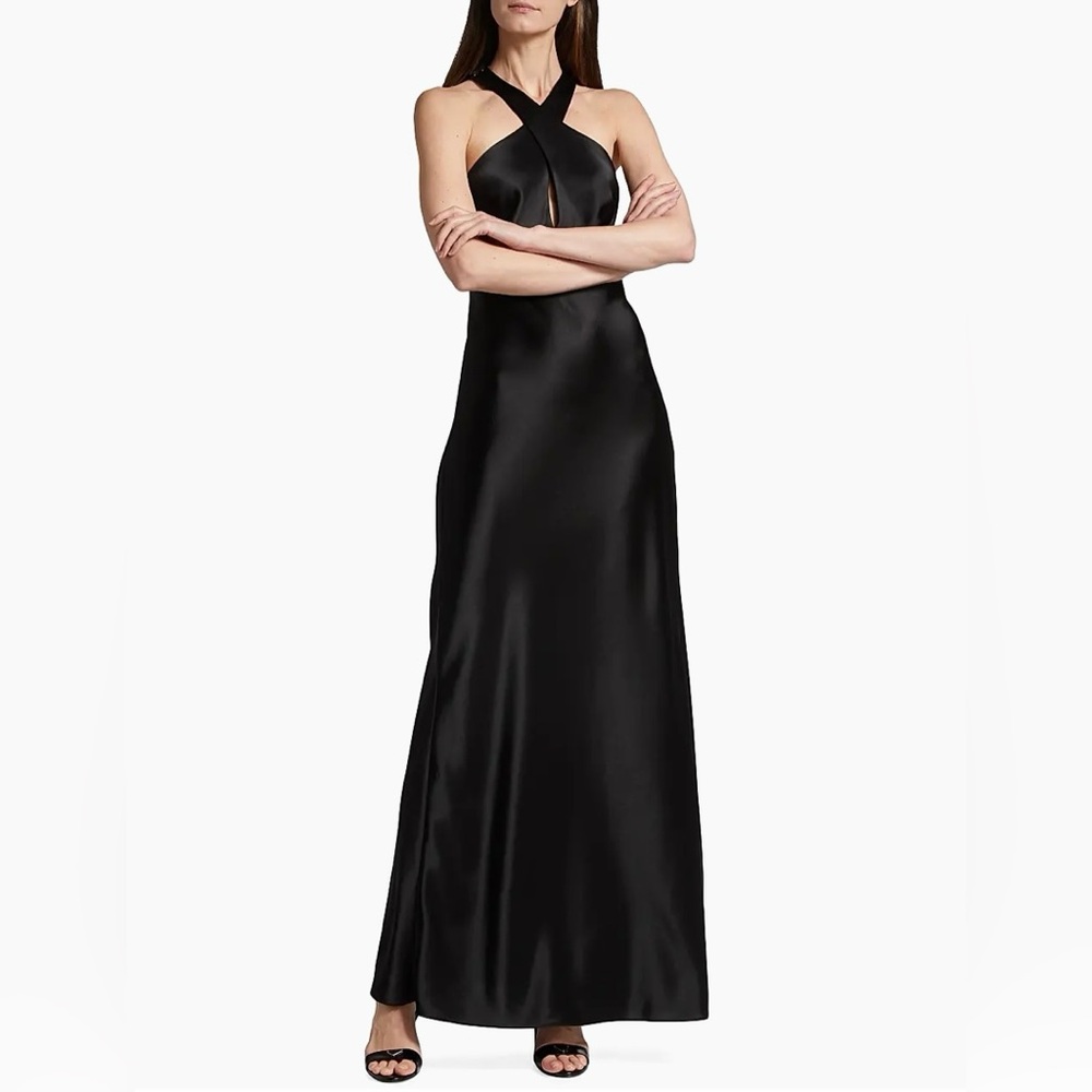 Galvan London Black Satin Crisscross Halter Dress Gown - Size 10 - Retail $1,695